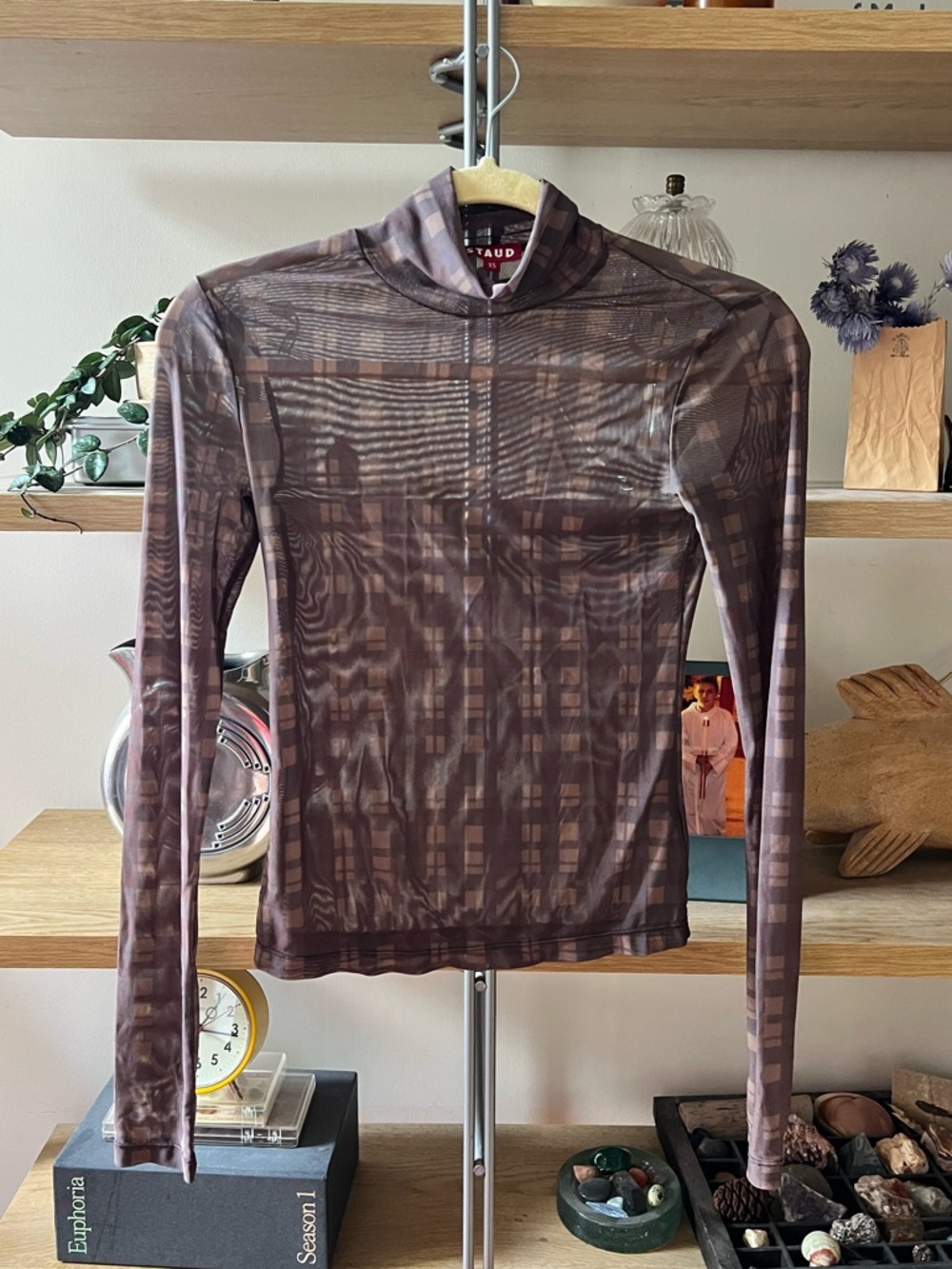 STAUD Mesh Mock Neck Long Sleeve Top
